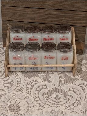 Vintage White Glass Spice Jar Set with Dutch Pattern